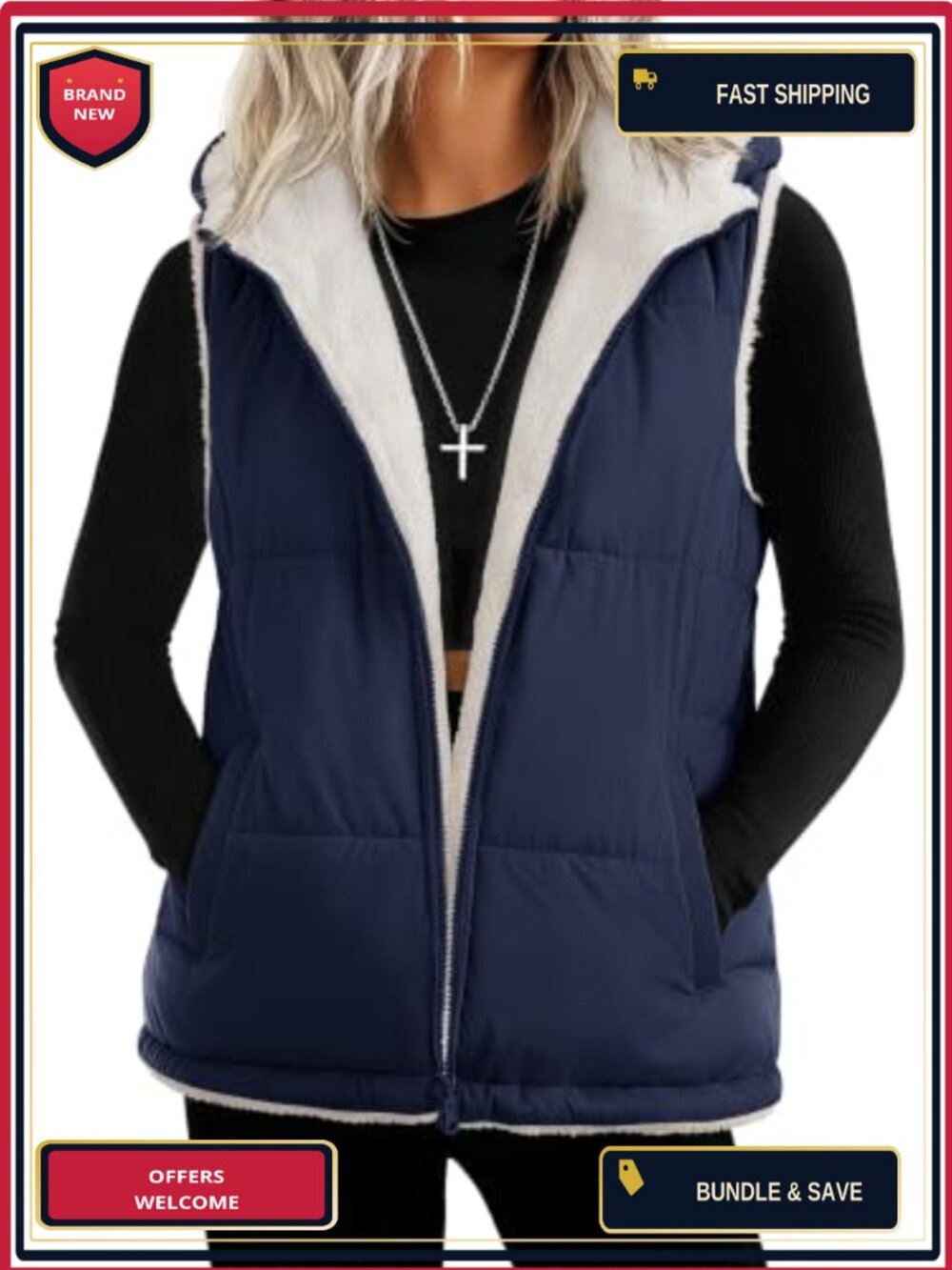 Womens Puffer Vest Sleeveless Zip Up Fleece Jacket with Pockets